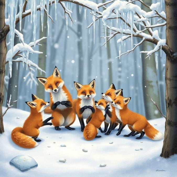 A charming winter scene featuring a fox family enjoying a snowy day in the woods.