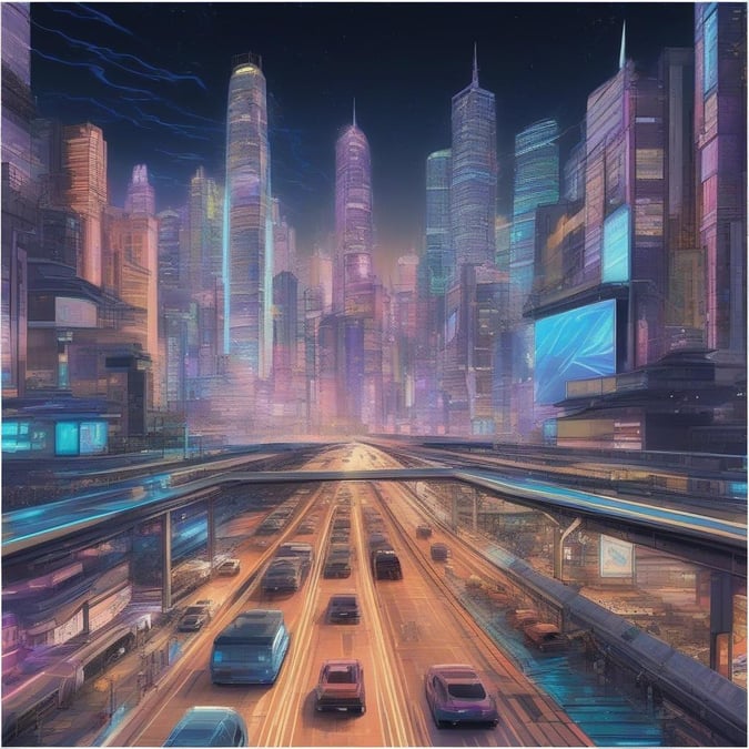 A dynamic anime-style cityscape under neon lights, featuring towering skyscrapers and flying cars, with bustling streets filled with vehicles.