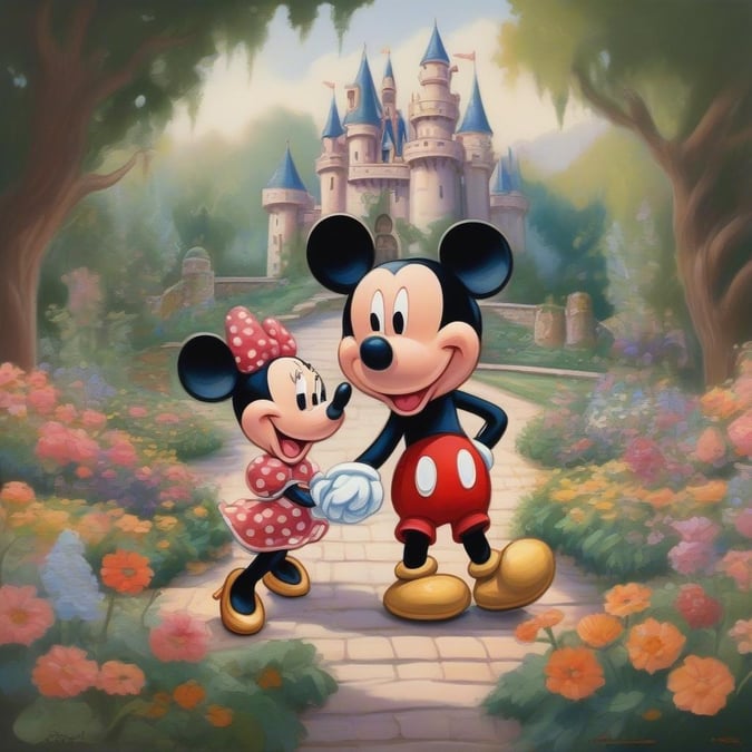 The iconic Disney characters, Mickey and Minnie Mouse, share a joyful moment on the classic Disney theme park path.