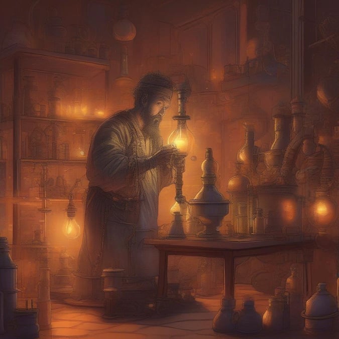 In the heart of his alchemical workshop, the alchemist toils over his latest creation.