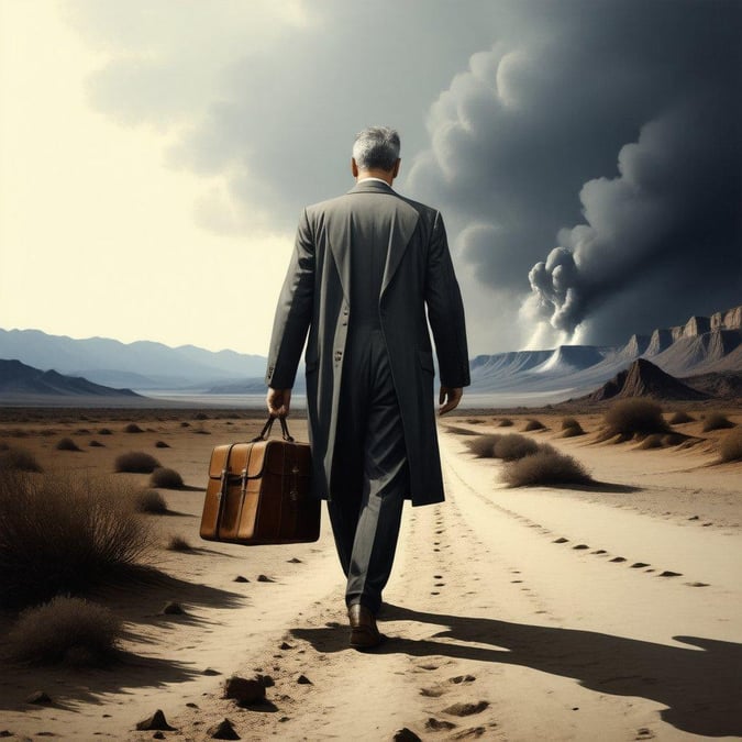 Amidst the barren landscape, a man embarks on a journey into the unknown. The scene is set in a desert expanse under a brooding sky, with smoke billowing from the horizon, suggesting an impending catastrophe or escape. Inspired by the biblical narrative of Moses leading his people out of Egypt, this image captures the essence of courage and resilience against adversity.