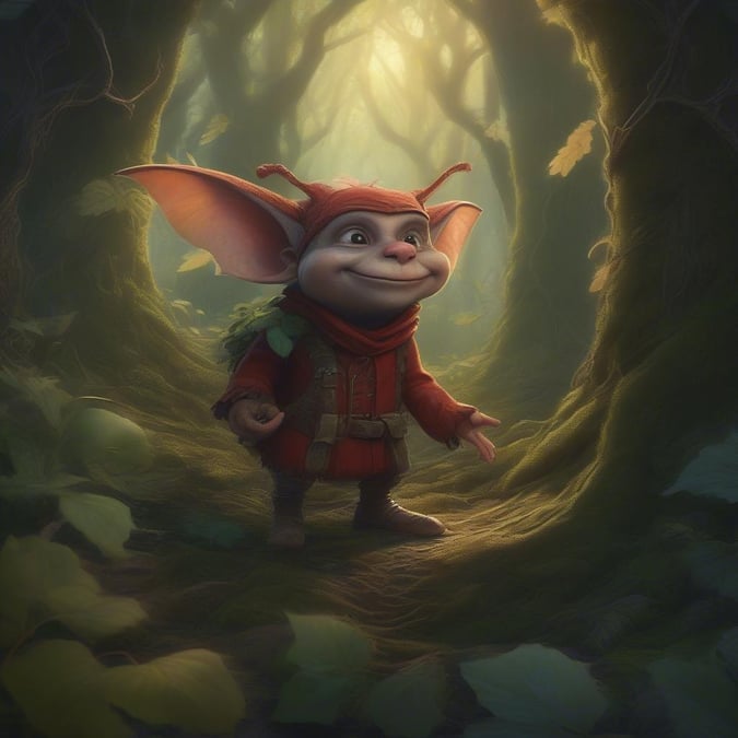 Delve into the enchanted realm where fantasy creatures roam freely. The whimsical scene features a red-furred creature, possibly from the fabled 'Bridge of Spirits', ready to embark on an adventure through the mystical forest.