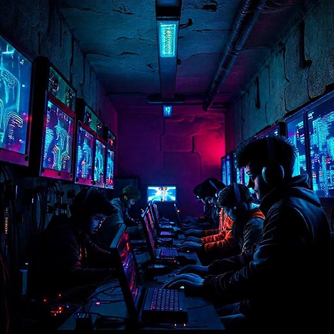 A group of gamers engrossed in a cyberpunk neon gaming session, late into the night. The room is filled with an array of screens and equipment, reflecting the vibrant digital world they're immersed in.