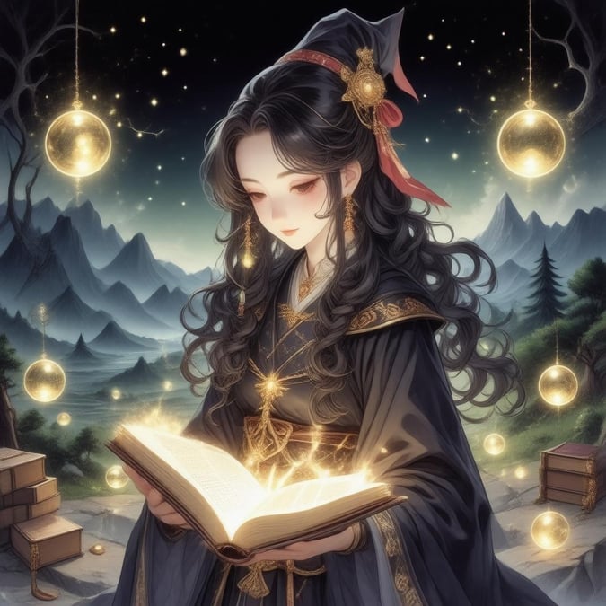 Immerse yourself in the mystical world of anime with this captivating illustration of a Mysterious Onmyodo sorceress, surrounded by glowing orbs and ancient tomes.