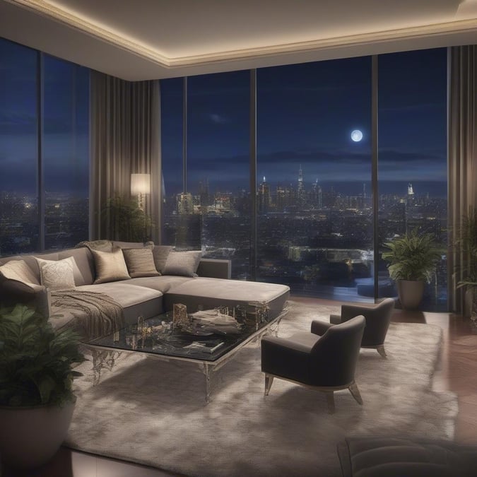 Experience the epitome of luxury and elegance in this stunning living room, boasting a breathtaking view of the city skyline. The room's sophisticated decor and plush furnishings create a sense of opulence, while the expansive windows allow natural light to pour in and frame the urban landscape outside.