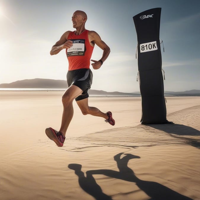 A man sprinting along a sandy beach shore during sunset, with silhouetted mountains in the distance.