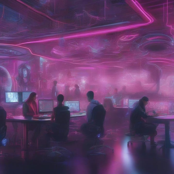 Step into a world of high-tech innovation and futuristic design with this captivating wallpaper. The neon-lit room is a hub of activity, where individuals are fully immersed in their work, surrounded by cutting-edge technology and sleek, modern architecture.