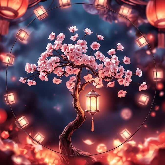 This stunning wallpaper features an anime-style cherry blossom tree, complete with a delicate wooden branch and a small lantern hanging from it. The central focus is a small, fluffy tree with pink blossoms, surrounded by a circular frame of lanterns, creating an anime-like image. The background is a blurry, dark blue, with a few scattered lanterns adding depth. The scene is awash in warm light, with the lanterns' strings adding a whimsical touch.