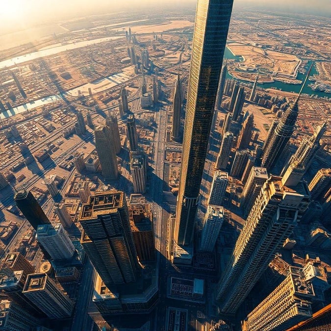 Experience the stunning architecture of downtown Dubai from a high vantage point. This image captures the grandeur and modernity of these skyscrapers against the backdrop of the bustling cityscape.