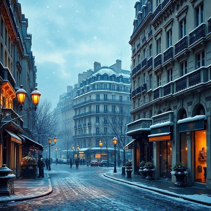 A charming Parisian scene featuring a quaint street adorned with festive lights during the holiday season.