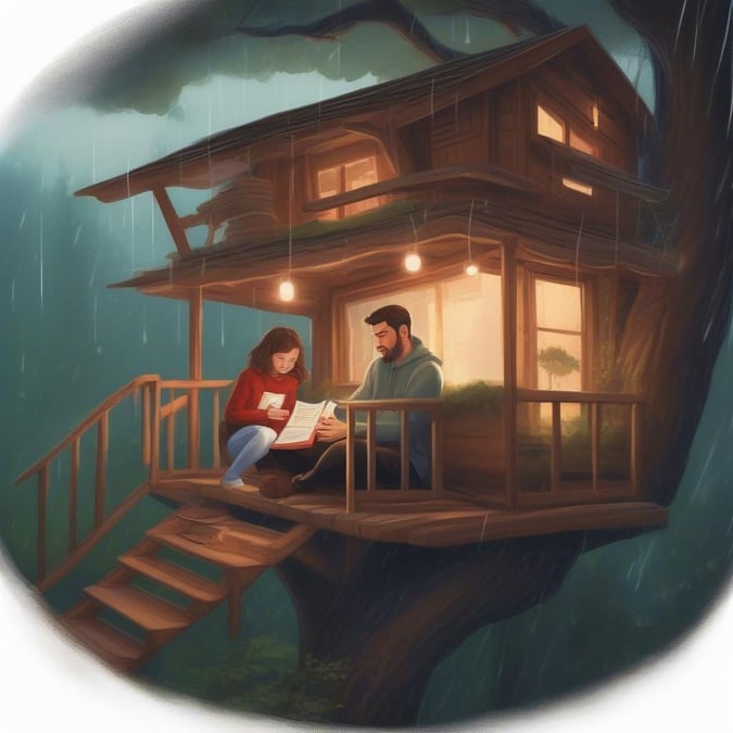 A tranquil Father's Day scene with a dad and daughter enjoying a quiet moment in a treehouse reading corner.