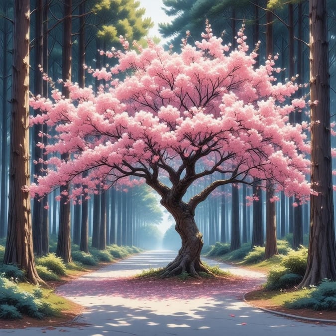 A serene anime-style illustration: A majestic cherry blossom tree, with its vibrant pink blossoms, blooms in the foreground, surrounded by a lush forest of tall trees. The peaceful scene, a peaceful fusion of nature and technology, captures a moment of tranquility.