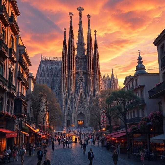 A bustling scene in the evening at Plaça del Rei, with people admiring the majestic Gothic cathedral during sunset. The warm light accentuates the intricate details of the architecture and casts a serene atmosphere over the city.