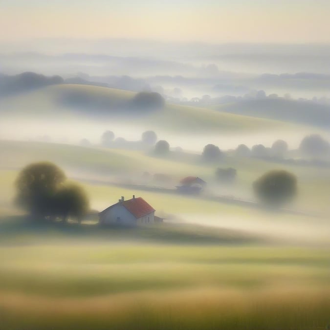 A quaint village nestled amidst foggy hills, with houses and trees wrapped in a soft mist.