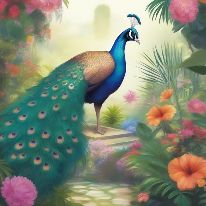 Majestic peacock in full plumage, standing amidst vibrant flowers. This wallpaper brings a touch of nature's beauty to your desktop.