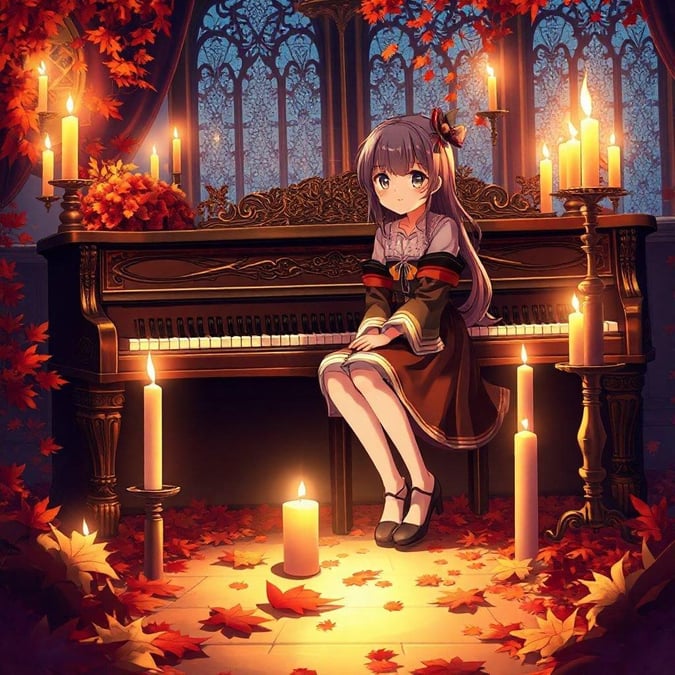 The serene ambiance of a candlelit evening, as a young anime character sits at the piano, poised to play a soulful melody.