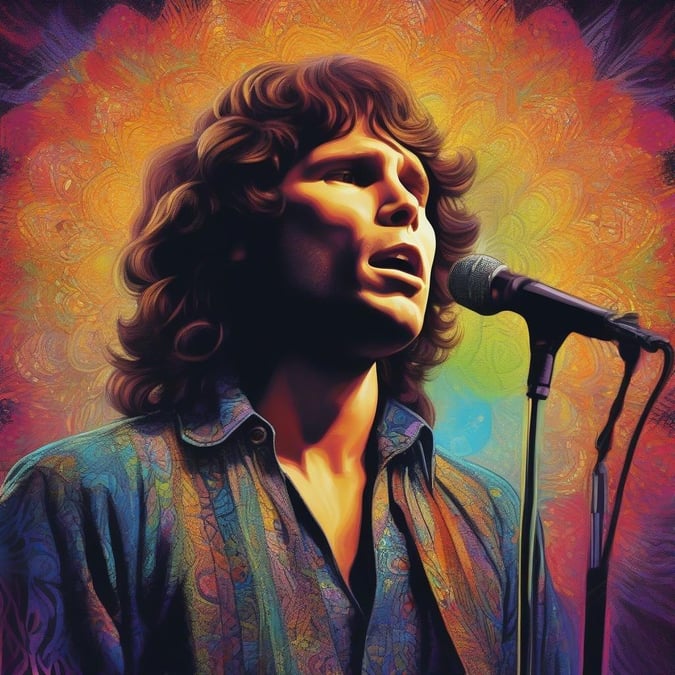 A stunning portrait of Jim Morrison, the iconic lead singer of The Doors, set against a vibrant and psychedelic background.