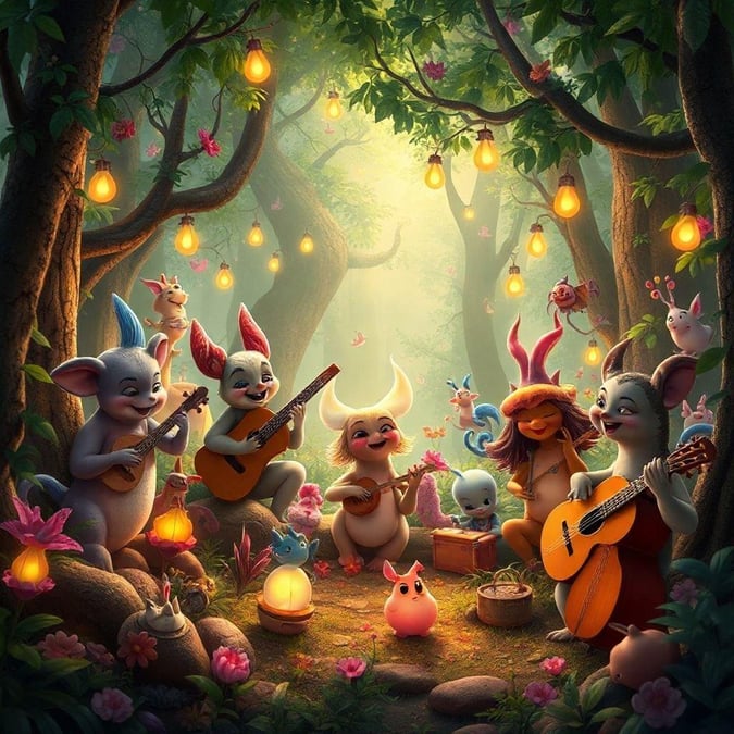 This whimsical scene captures the delightful spirit of cartoon music favorites, as they come together for a joyous jam session. The forest fairyland backdrop adds to the enchanting atmosphere.