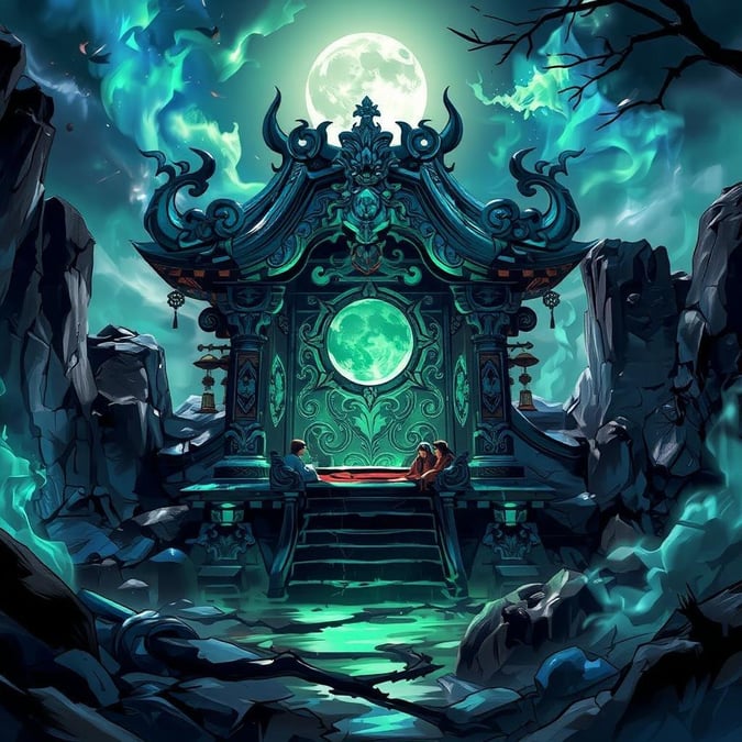 Immerse yourself in the mystical world of anime with this captivating wallpaper, featuring an enigmatic shrine hidden within ancient temple ruins, bathed in the soft glow of the moon.