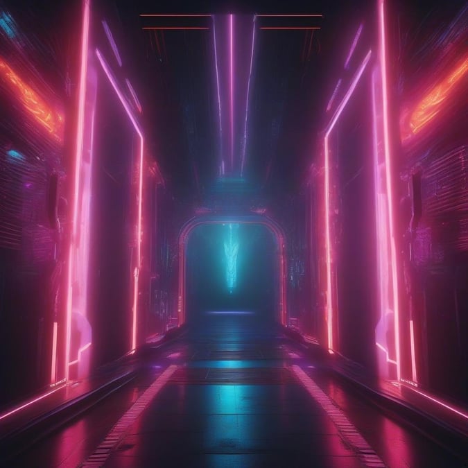 A futuristic corridor bathed in neon lights, leading to an unknown destination.