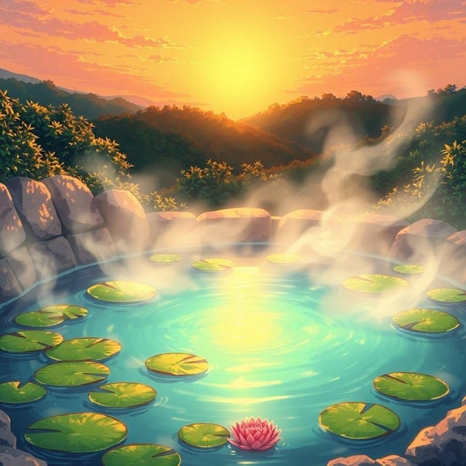 Immerse yourself in the tranquility of this anime-style hot spring scene, where steam rises from the water, surrounded by lily pads and water, all bathed in the warm glow of the setting sun.