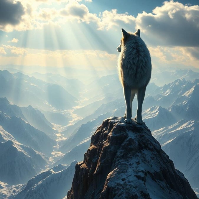 Standing tall on the mountain peaks, this majestic wolf overlooks a breathtaking landscape of snow-capped peaks and valleys. Embrace your wild side with this stunning desktop wallpaper.