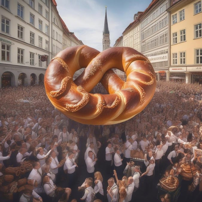 A hearty crowd celebrates Oktoberfest, the world's largest beer festival, in Munich, Germany. The centerpiece is a massive pretzel, a symbol of German culture and cuisine.