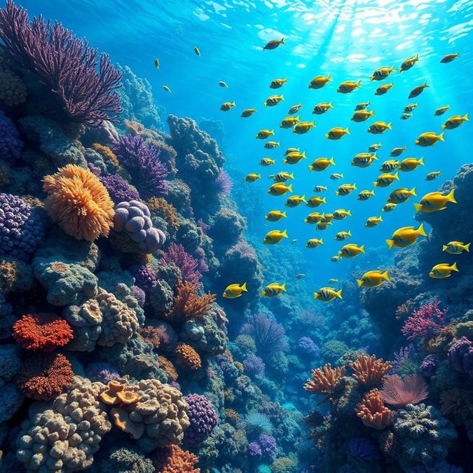 Dive into the vibrant world of coral reefs with this stunning wallpaper featuring a school of yellow fish swimming amidst colorful coral formations. The image captures the beauty and diversity of marine life, making it a perfect addition to any desktop or mobile device.