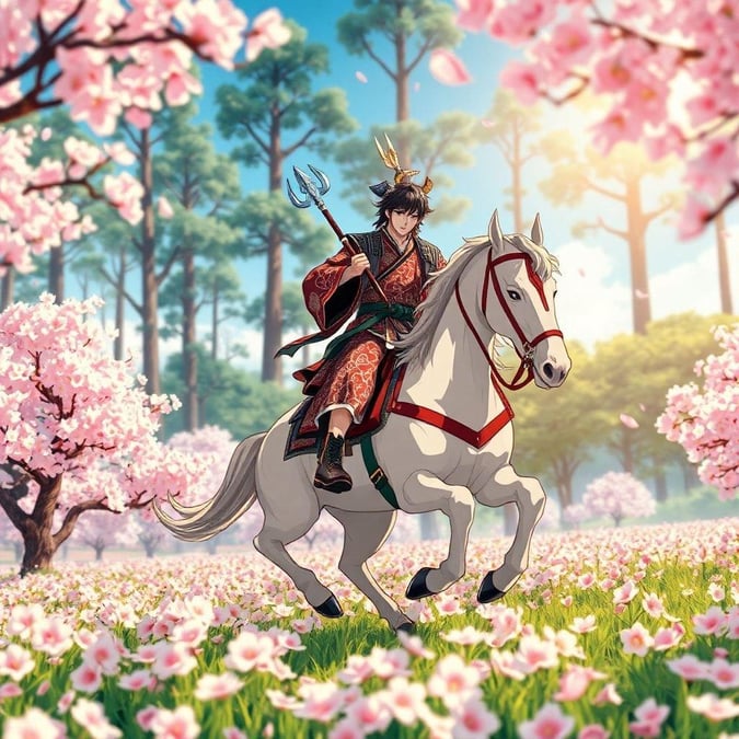 Tauchen Sie ein in die lebendige Welt des Anime mit diesem fesselnden Wallpaper, das einen Samurai zeigt, der auf einem majestätischen Ross reitet, umgeben von blühenden Kirschblütenbäumen. Die detaillierte Illustration zeigt das auffällige rot-weiße Musterhemd des Samurais und seine kraftvolle Haltung mit einem Dreizack in der Hand.