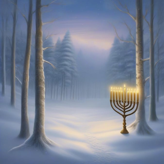 Get into the festive spirit with this beautiful Hanukkah wallpaper, featuring a serene winter landscape with snow-covered trees and a menorah in the distance.