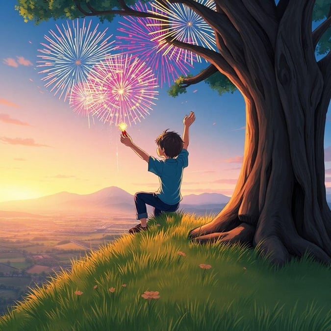 A young boy sits on a hill, overlooking a countryside scene, as fireworks explode above him, creating a bright, colorful sky.