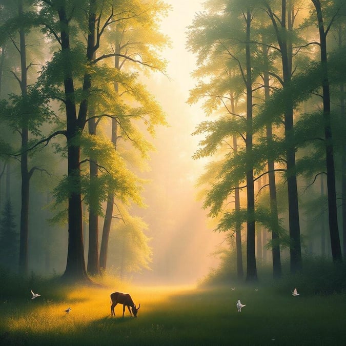 A picturesque forest scene with a deer, birds, and sunbeams. This image is perfect for welcoming in the New Year.