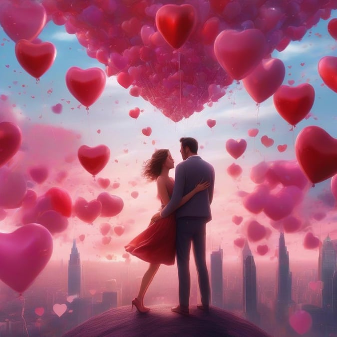 Embrace the warmth of a romantic Valentine's Day with this digital art wallpaper, featuring two lovers wrapped in a heartfelt embrace under a sky bursting with floating hearts.