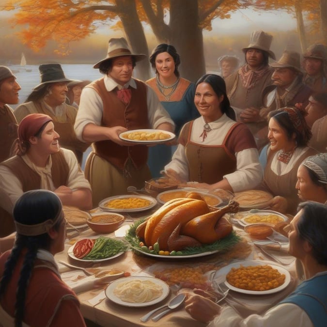 A heartwarming scene of a family and friends coming together to celebrate Thanksgiving, surrounded by delicious food and warm conversation.