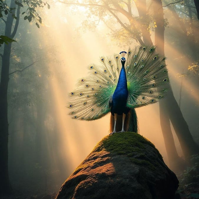 This majestic peacock stands as if in command overlooking a serene forest path. The sun filters through the trees, casting an ethereal glow on its vibrant feathers, and illuminating the peaceful scene.