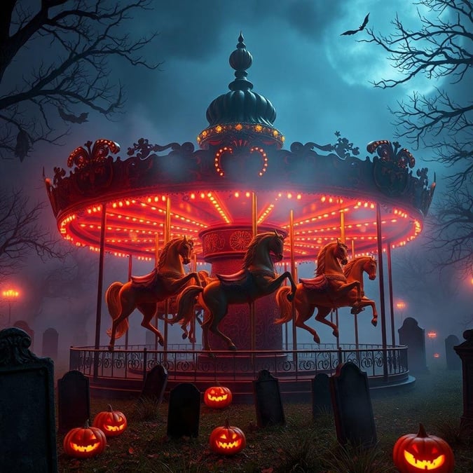 A hauntingly beautiful carousel scene set against the backdrop of a stormy night, with jack-o'-lanterns and gravestones adding to the spooky ambiance.