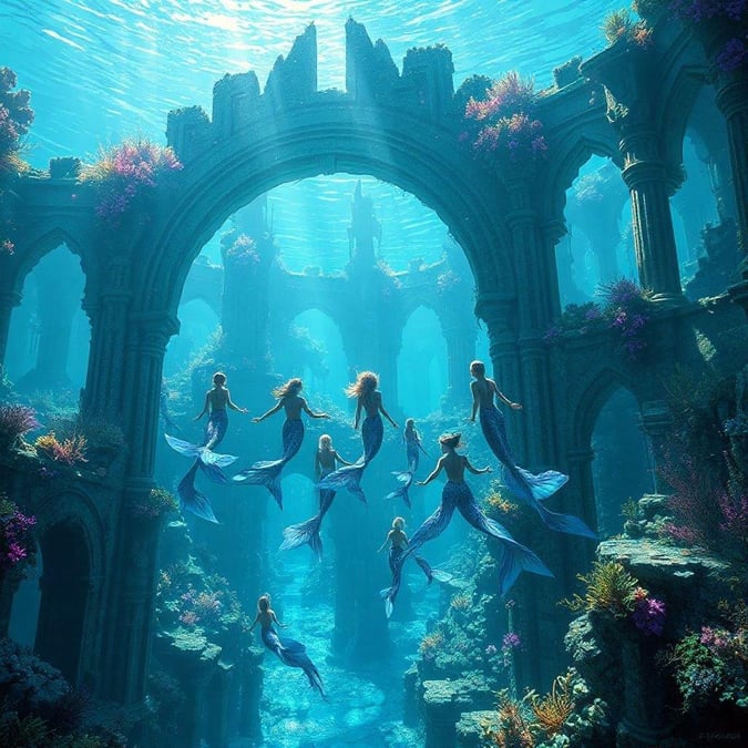 A whimsical depiction of mermaids in their undersea palace, where fantasy meets the beauty of marine life.