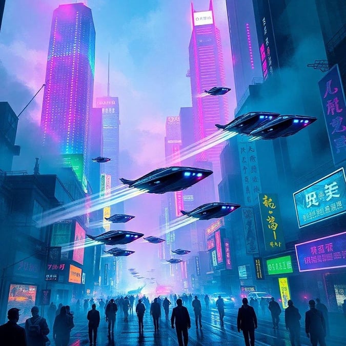 In this futuristic cityscape, advanced technology meets the bustling energy of urban life. Tall skyscrapers reach towards a vibrant neon sky while sleek flying vehicles hover above, demonstrating humanity's mastery of aerial transport. The rain-soaked streets reflect the city lights and add a touch of serene mist to the scene. This is a snapshot of life in a world where technology has advanced far beyond our current understanding.