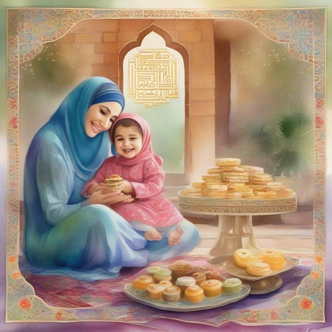 This beautiful wallpaper captures the spirit of Ramadan and Eid, with a mother and child enjoying traditional sweets together. The image is perfect for desktop and mobile use, and is sure to bring a touch of cultural heritage to any device.