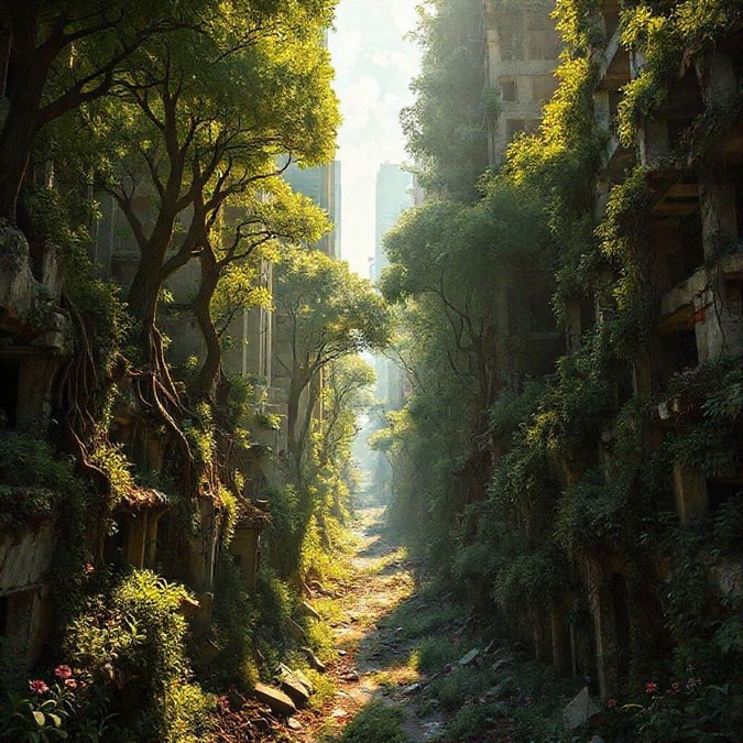 A fantastical city street, where nature has reclaimed the urban landscape. Buildings stand as ruins amidst the flourishing greenery.