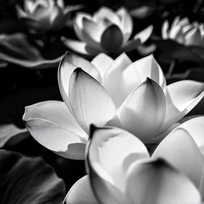 An elegant black and white close-up of lotus flowers, their petals glistening with light, adding a serene touch to your desktop.