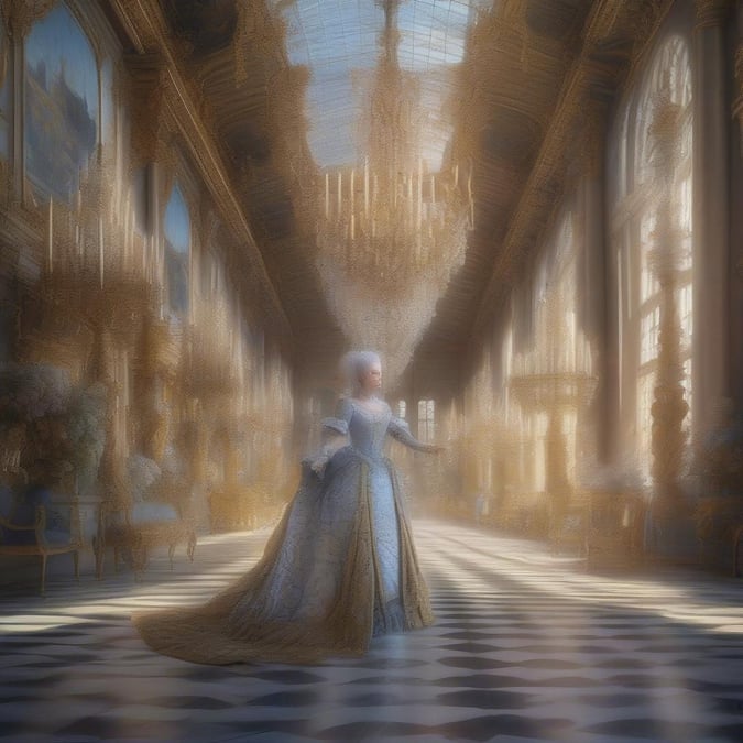 A stunning woman in a lavish, 18th-century-style gown stands in a grand, opulent room.