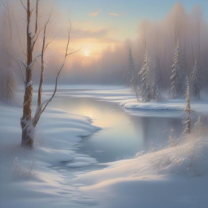 This tranquil winter scene captures the quiet beauty of a snow-covered landscape. With trees standing tall, their branches heavy with fresh snowfall, and the river flowing gently, it's a snapshot of nature's peaceful side amidst the chill.