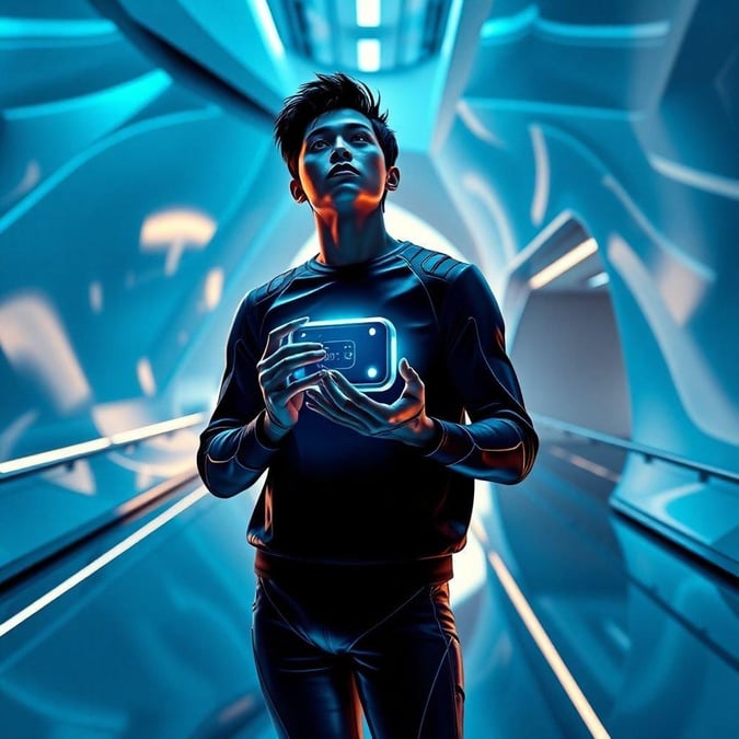 An image featuring advanced technology, with a person standing in front of a vibrant blue neon-lit tunnel, holding futuristic equipment. This image is a great wallpaper for desktop and mobile devices, showcasing the latest innovations.