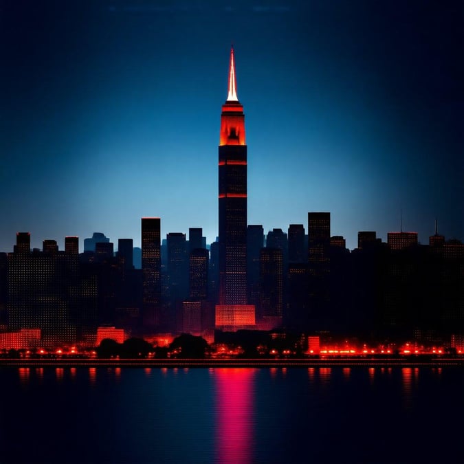 Iconic New York City skyline featuring the Empire State Building illuminated against a twilight backdrop with red lights reflecting on the water.