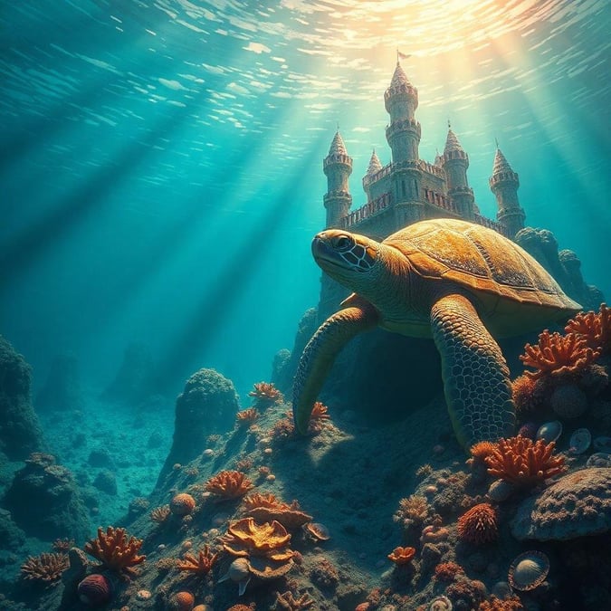 Dive into an enchanted oceanic world where a majestic turtle finds its palace at the bottom of the sea, surrounded by a vibrant coral reef.