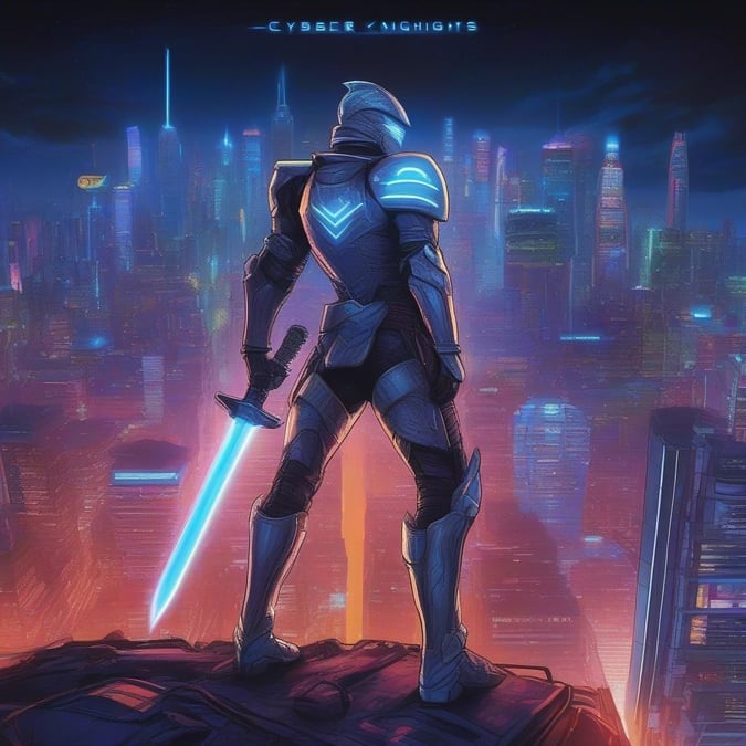 Futuristic warrior stands at the edge of an urban jungle, a silent sentinel ready for action.