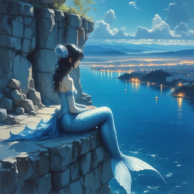 This anime-style illustration captures a serene moment of a mermaid sitting at the edge of an underwater cliff, gazing directly at the viewer. The city in the background, illuminated with light, showcases the artist's skill and imagination.