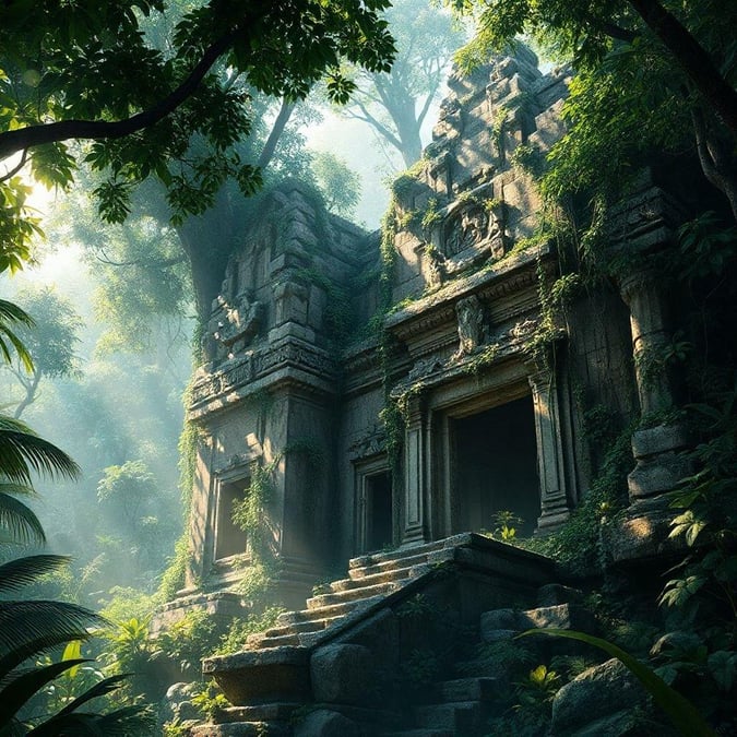 This image captures the mysterious beauty of ancient ruins, with their intricate carvings and mossy stone columns. The vibrant greenery around them adds to the enchanting atmosphere.