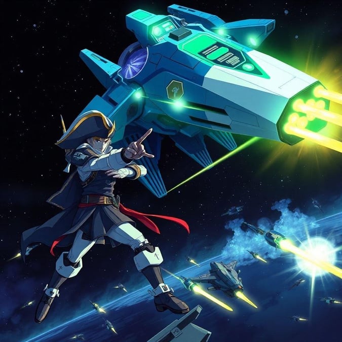 Experience the epic battle between a heroic space pirate and an alien spaceship in this stunning anime wallpaper.